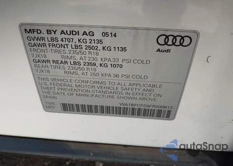 2015 Audi Q3 2.0T Premium Plus из США, поврежденный, VIN WA1BFCFS9FR000613